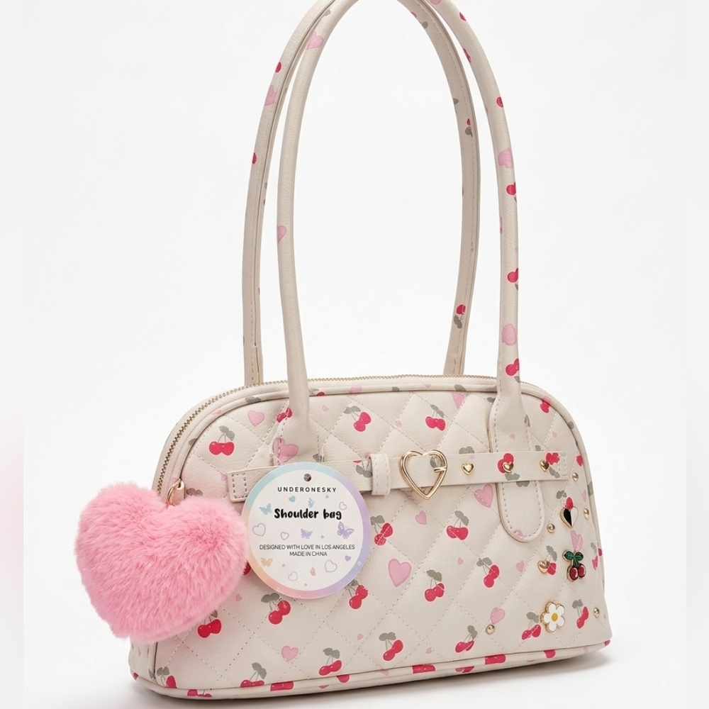 Cream Quilted Shoulder Bag with Cherry Print and Heart Charm  NWT Under One Sky